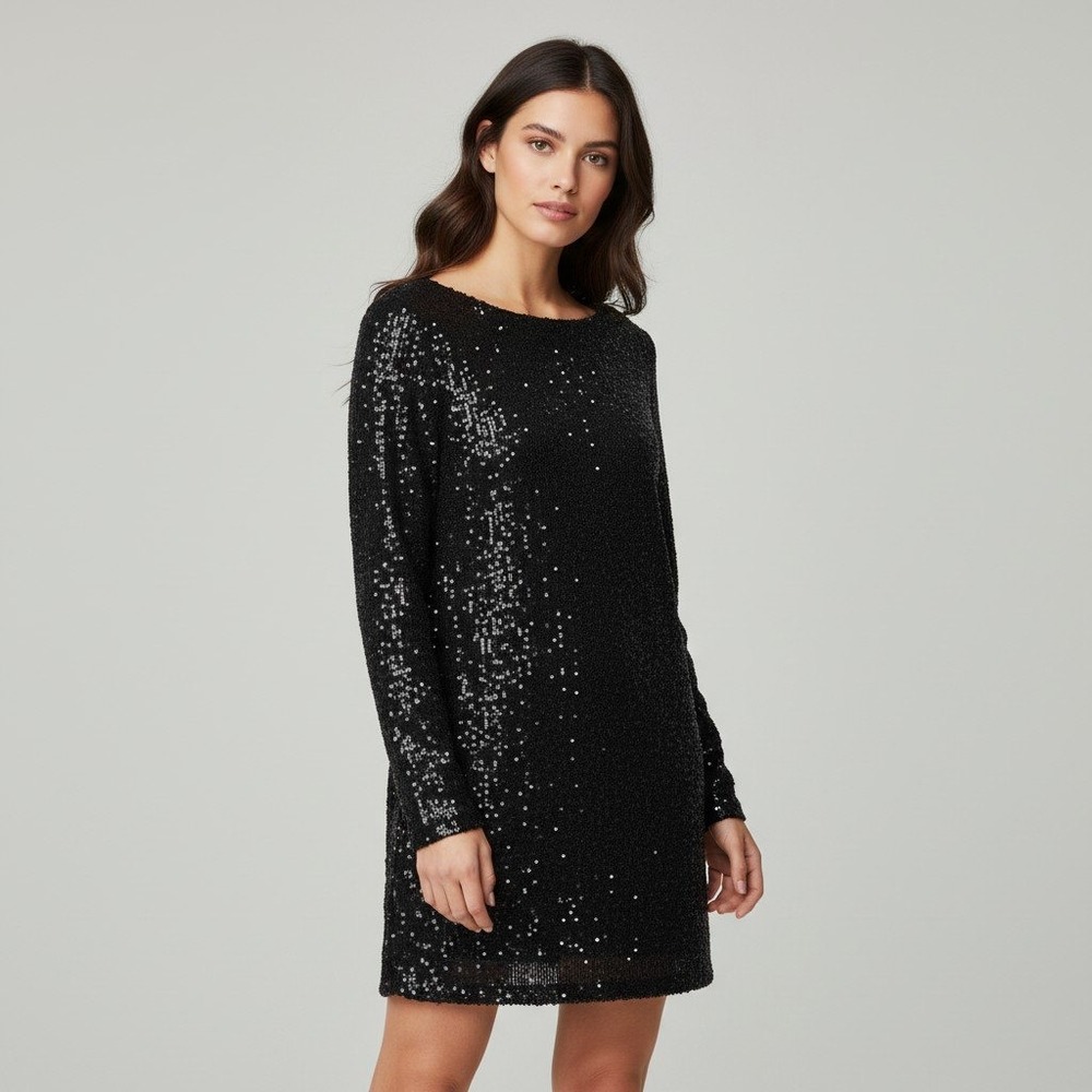 Z Supply Andromeda Sequin Dress Black Long Sleeve Mini Shift Womens Size Large